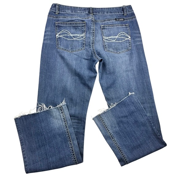 Cowgirl Tuff Co Womens Blue Denim Bootcut Jeans Distressed Frayed Hem Size 33x33 - Picture 1 of 16